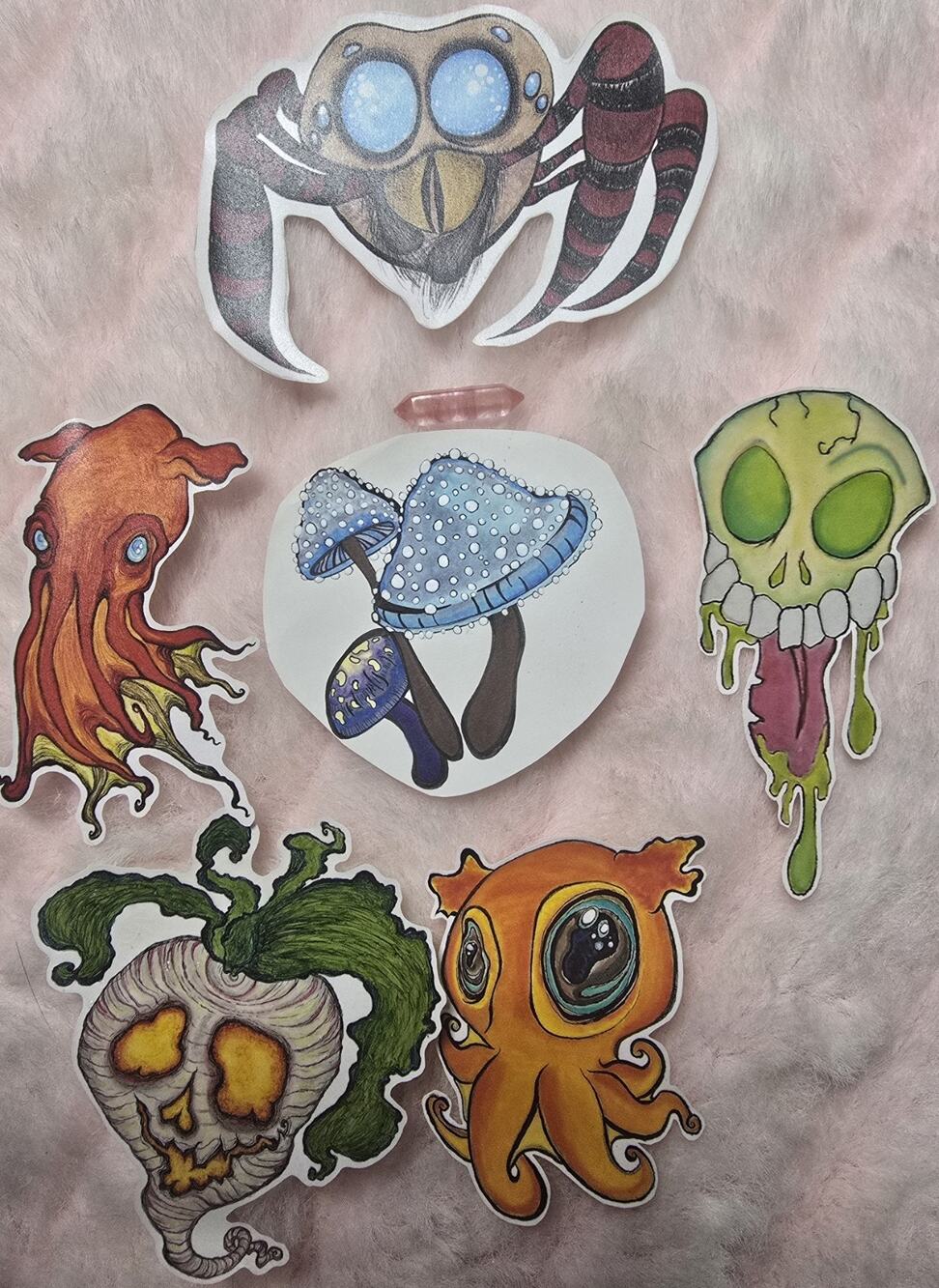 OOAK ATC Mushroom Art, Gothic 5 Pc Sticker Pack, Skull, Moth, Octopus, 4 Of 5